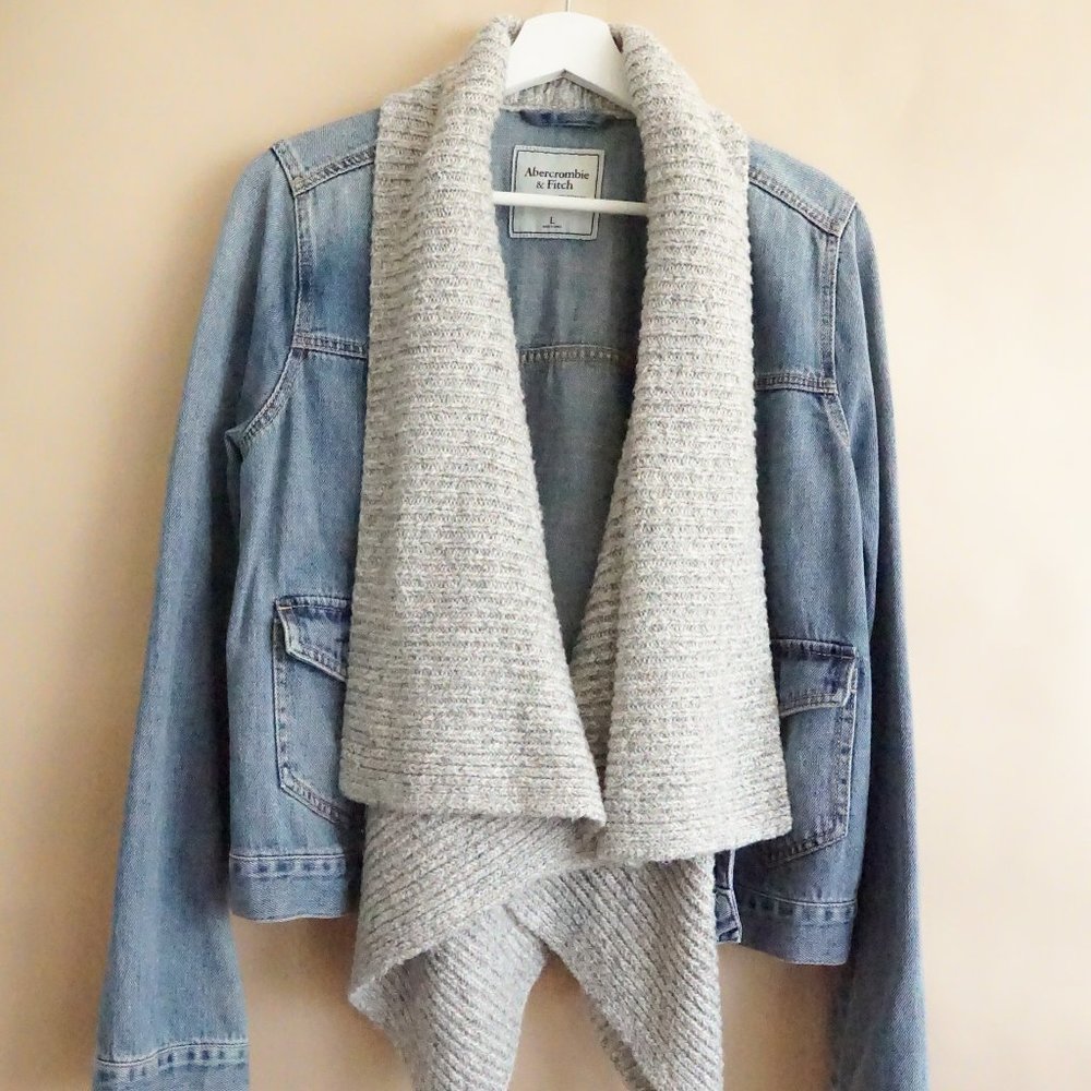 Denim Jacket with Draped Knit Collar